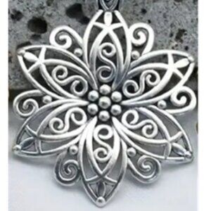 Long Vintage Intricate Floral Design Silver Electro-Plated Pendant and Necklace